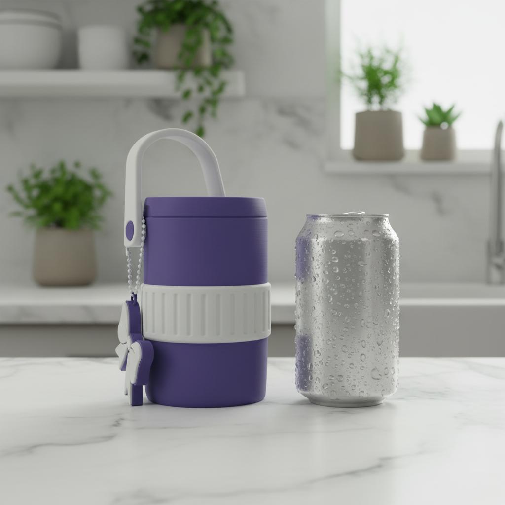 3D Printed Soda Can Holder with Lid, Straw Hole, Handle & Can Opener | Portable 12 oz Can Cooler Koozie